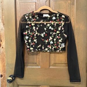 Floral Embroidered Black Mesh Crop Top